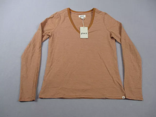 Pact Top Womens Small Striped Orange Long Sleeve Organic Cotton Vneck Tee NWT