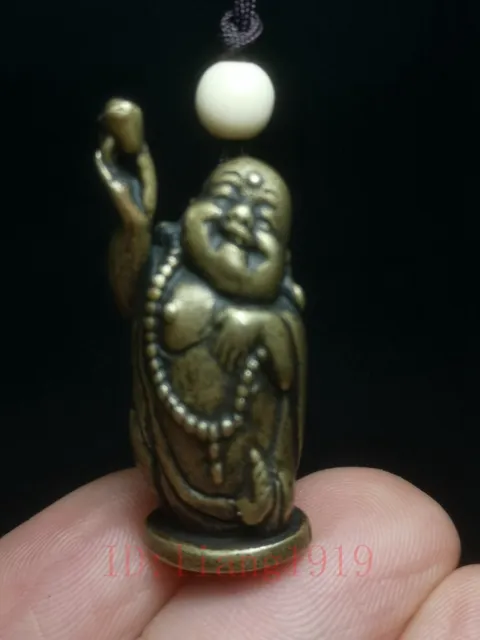 Old Chinese Bronze Carving happy Maitreya Buddha Statue necklace pendant Gift