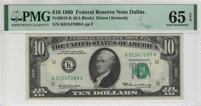1969 $10 Federal Reserve Note Dallas Fr.2018-K Ka Block Pmg Gem Unc 65 Epq (089A