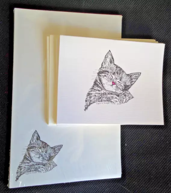 Sleeping Kitten Cat 2 Piece Set-Notepad, 6 Blank Notecards & Linen Envs New