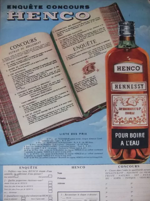 Publicité 1958 Henco Hennessy Pour Boire A L'eau - Advertising