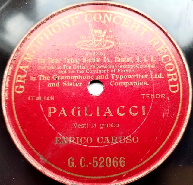 78 rpm 1904 - Enrico Caruso  Pagliacci Vesti la Giubba  - RARE RED G&T MILANO *