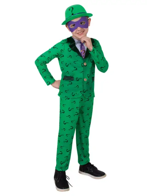 The Riddler Deluxe Costume Kids Official DC Comics Boys Cosplay Suit Hat Mask