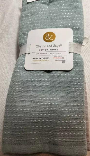 THYME & SAGE KITCHEN TOWELS (4) BLUE GRAY GREEN WHITE STRIPES COTTON NEW