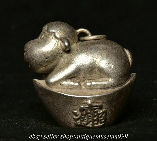 1.2" Old Chinese Silver Fengshui 12 Zodiac Year Sheep Yuan Bao Statue Pendant