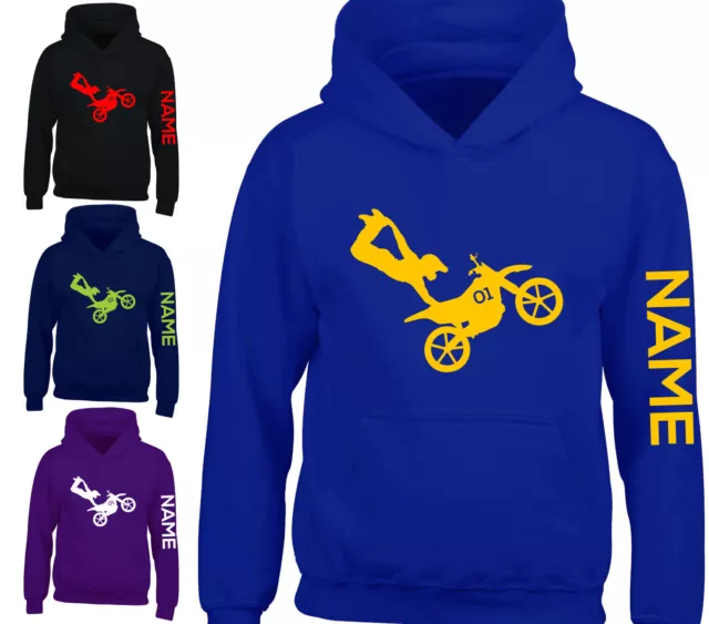 Personalised Motocross Hoodie Kids Stunt Bike Motorcycle Boys Arm Print Hoody