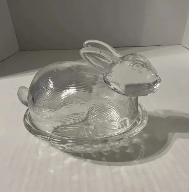 Vintage Glass CLEAR Easter Bunny Rabbit Nesting on a Basket Candy Dish