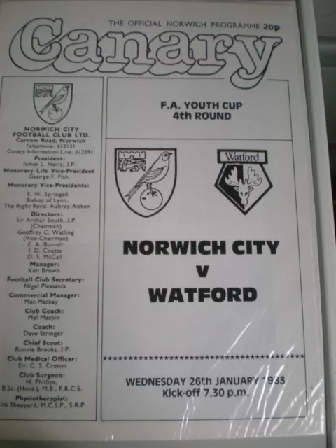 NORWICH CITY v WATFORD 26th JANUARY 1983 FA YOUTH CUP 4th ROUND