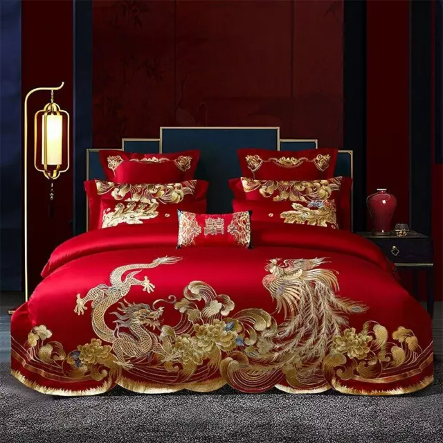 Luxury Red Wedding  Bedding Set Gold Loong Phoenix Embroidery Brushed DuvetCover