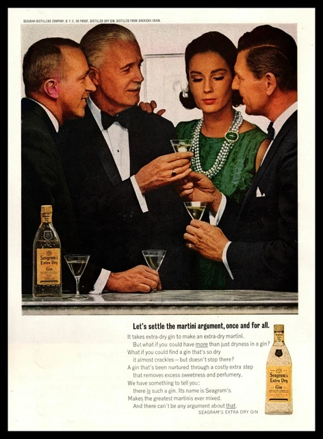 1963 Seagram's Extra Dry Gin Martini Pearl Necklace Tuxedos Vintage Print Ad
