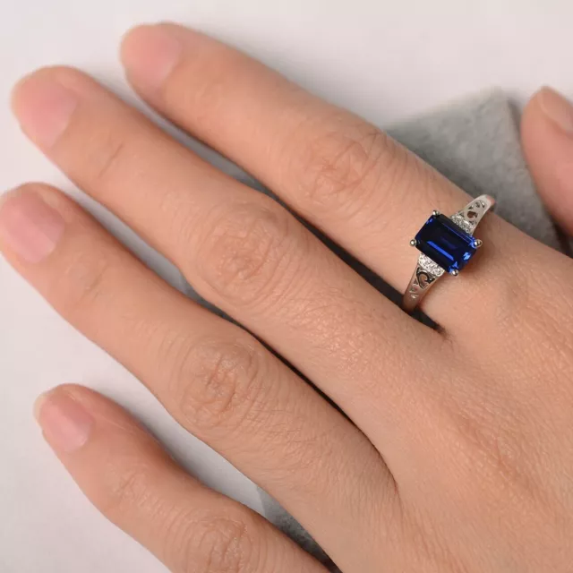 Saphir Bleu Labo Synthétique Émeraude Coupe Bague 925 Argent Sterling Gemme 2