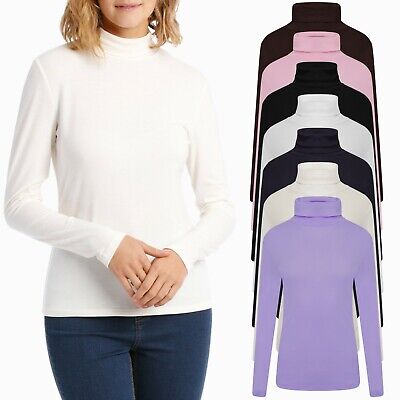 Womens Ladies Long Sleeve Roll Neck T Shirt High Polo Ribbed Knitted Jumper Tops