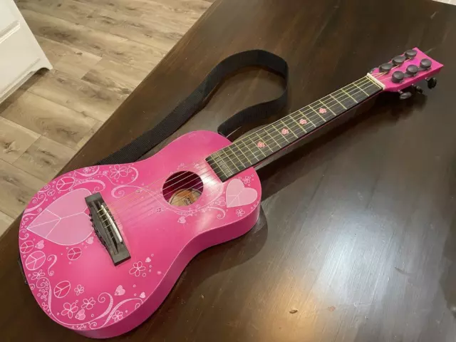 First Act 31" Pink Acoustic Guitar with White Roses Design 6 Strings FG3095 EUC