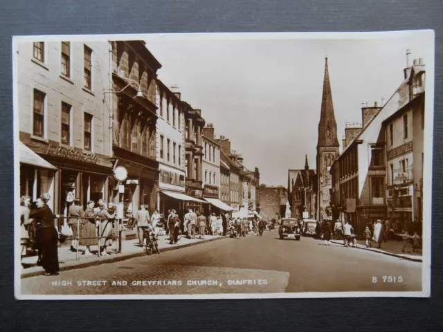 High Street & Greyfriars Church DUMFRIES Dumfriesshire RP 1956 Shops Old Cars