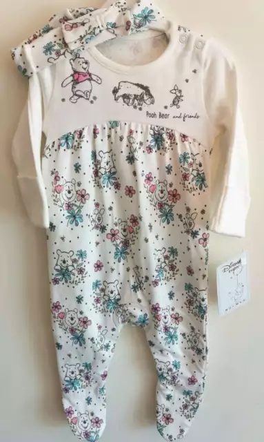 Disney Winnie the Pooh Sleepsuit with Headband Floral Baby Girls New Baby NEW