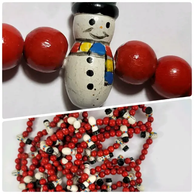Vtg Midwest Christmas Snowman Wood Bead Garland 2 Strands 8' Ea Rustic Primitive