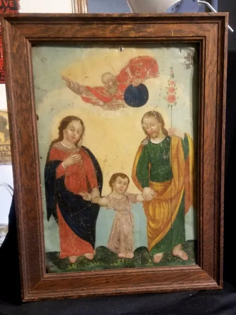 RARE OUTSTANDING 19th CENTURY MEXICAN RETABLO PAINTING ON TIN THE HOLY FAMILY