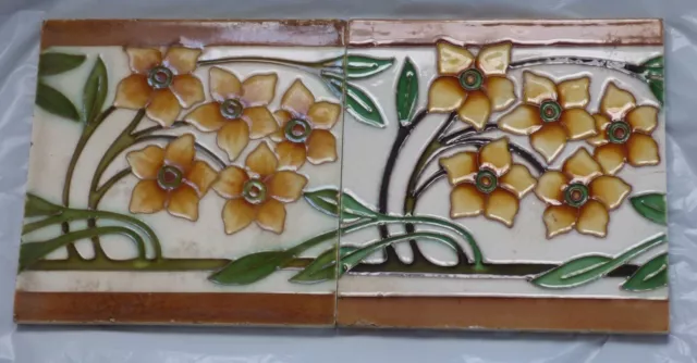 ° Gorgeous & very rare SET 2 Geometric Art Nouveau DESVRES Tile Flowers Carreau