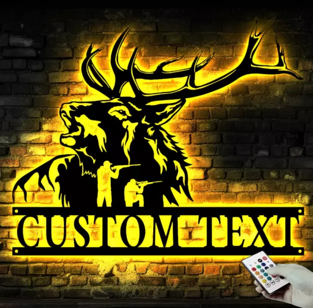 Custom ELK Deer Hunting Metal Wall Art LED Light - Personalized Hunter Name Sign