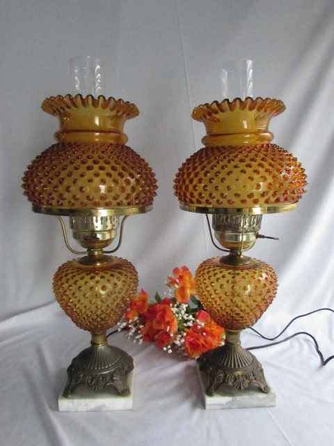 Pair Vtg Fenton Amber Hobnail Glass Gwtw Hurricane Marble Base Table Lamps 21"