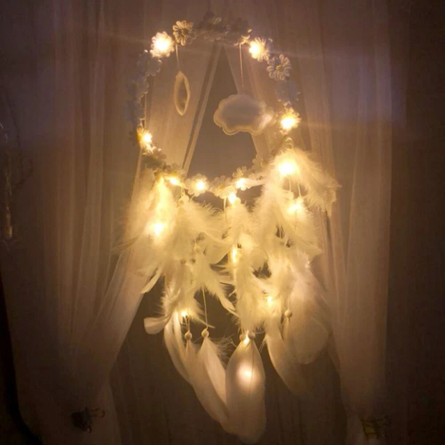Creativo hazlo tú mismo plumas blancas pequeñas cadenas de luces nubes colgante
