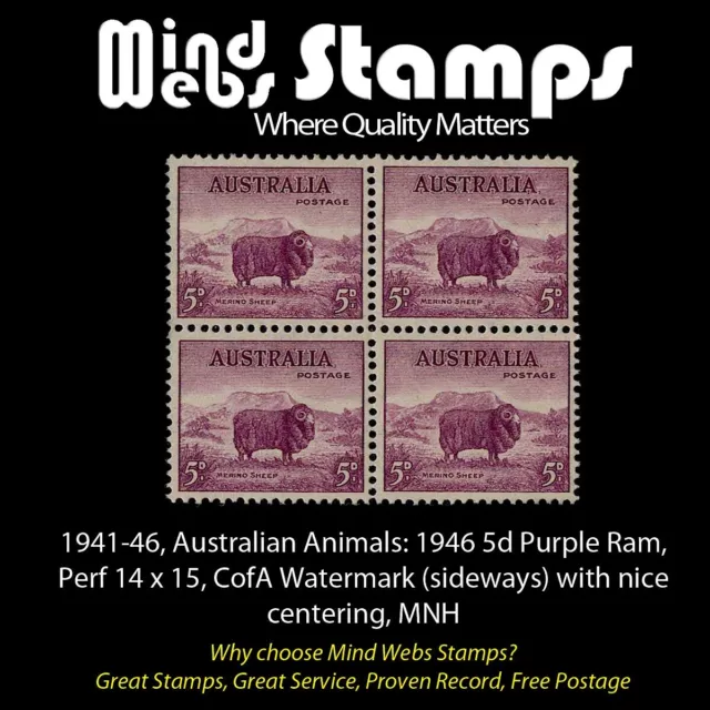 Australian Pre-Decimal Stamps, 1942 5d Ram CofA Wmk, Perf 15x14, Block 4 MNH