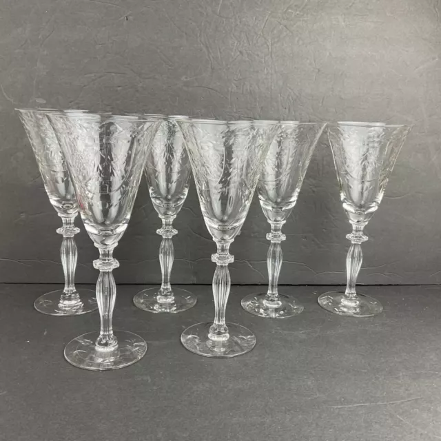 6 Morgantown Glass Co 7690-1 Floral & Line Cutting Tall Water Goblet 8.25”