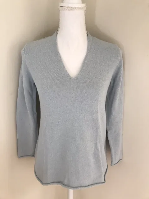 Eileen Fisher Sweater  Blue Cotton Linen Silk Blend Long Sleeve V-Neck Sz PM