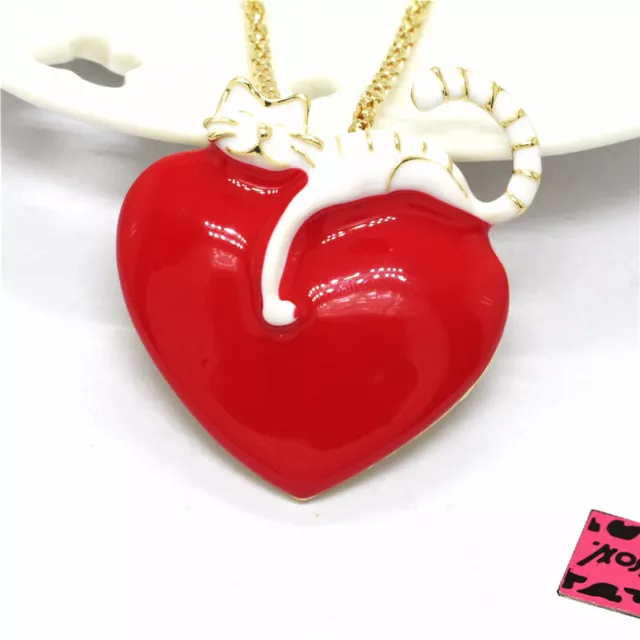 Betsey Johnson Red Enamel Cute Cat Heart Crystal Pendant Women Necklace