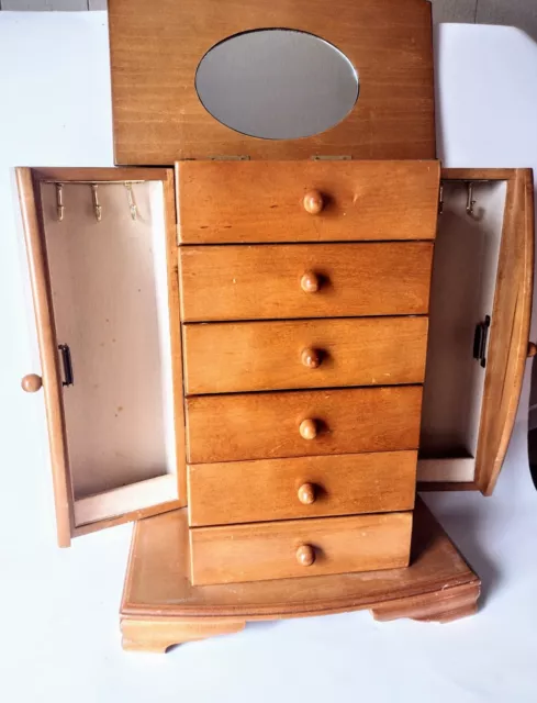 Vintage 14" Beautiful Large Light Wood Jewelry Box Chest Organizer w/ Mirror