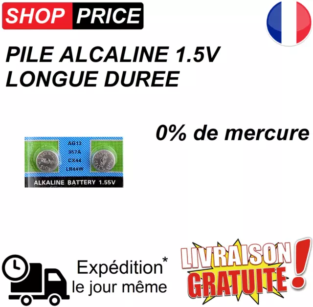 2 Piles bouton alcaline 1.5V 0% Mercure - Type AG13 LR44 LR1154 357 LR41 LR43