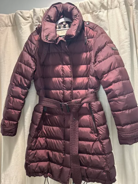 BURBERRY Brit Puffer Down Coat Women's Burgundy Hooded Jacket  Size Large