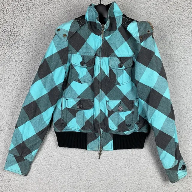 ROXY Quilted Coat Hooded Jacket Black & Turquoise Women’s M Plaid faux Fur Trim