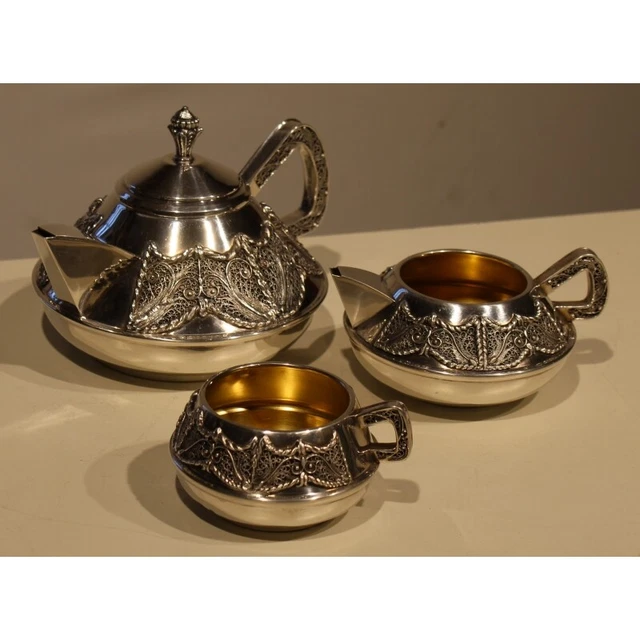 Antique 19th Original Rare Spain Silver tea set decorator applied watermark 488g