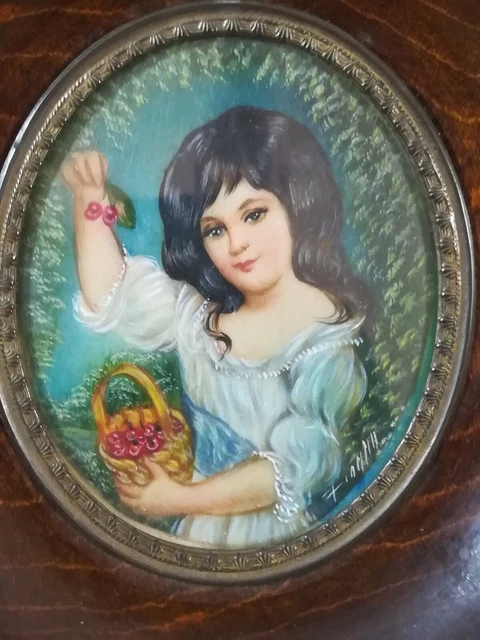 Ancien Portrait Miniature Enfant Avec Cerise - Signé D’après Russel, Occasion, Peinture Vintage