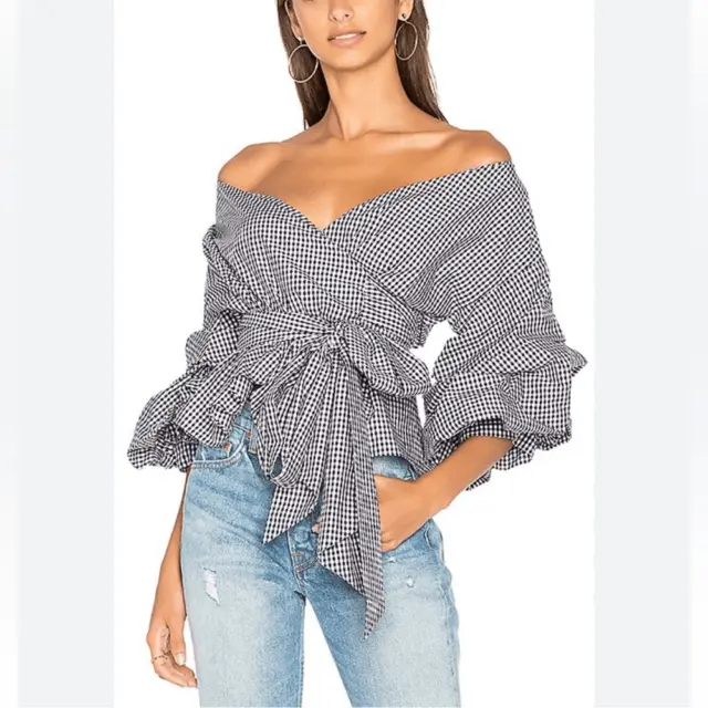 ALEXIS x Revolve Armelle Wrap Top in Black and White Gingham XS