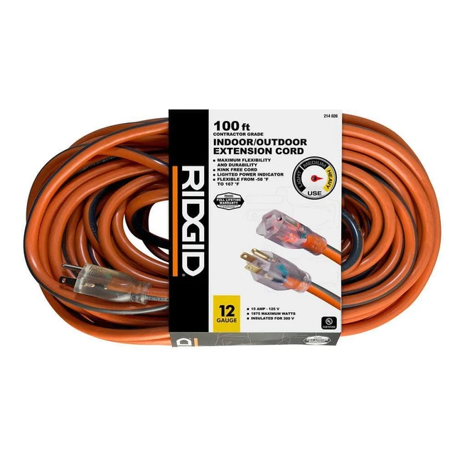 RIDGID INDOOR/OUTDOOR EXTENSION Cord 100' 12/3 Heavy Duty W/ Lighted