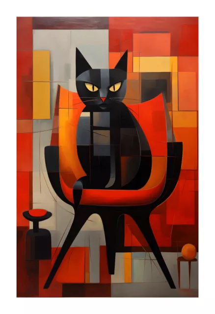 1960s Mid Century Modern Cubism Black Cat Art Print n8