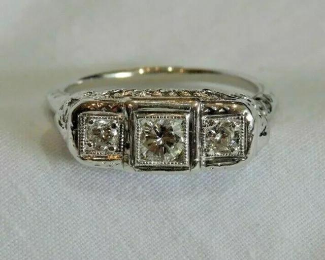 Antique 14K White Gold Filigree with 3 Diamonds Ring Size 6.5