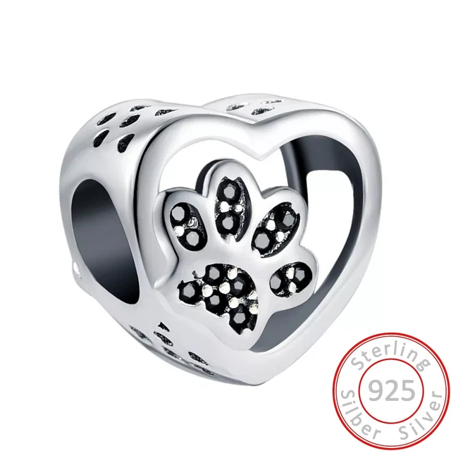 Charms Anhänger Herz Pfote Katze Hund schwarz Charm Armband 925 Sterling Silber