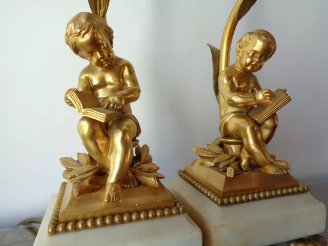 A Pair Of Antique French Ormolu And White Marble Table Lamps / 2 Cherub Lights 