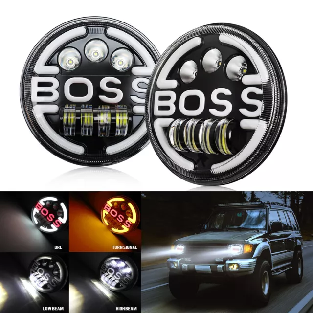 Pair 7 Inch Round LED Headlight Hi/Lo Beam BOSS DRL For Jeep Wrangler JK LJ TJ