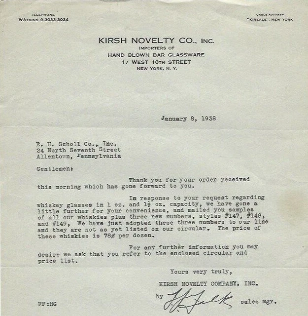 Kirsh Novelty Co Inc New York NY 1938 Letterhead Hand Blown Bar Glassware