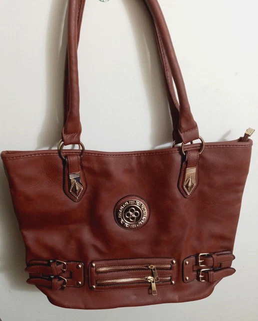 New Women Handbag Emblem Faux Leather Satchel Tote Travel Bag Purse brown