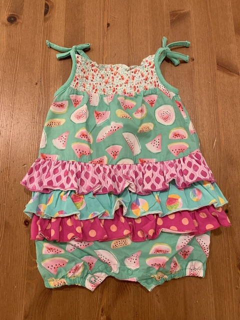 Matilda Jane Girls 6-12M Multicolor Watermelon Ruffle Smocked Romper 2015 Vintag