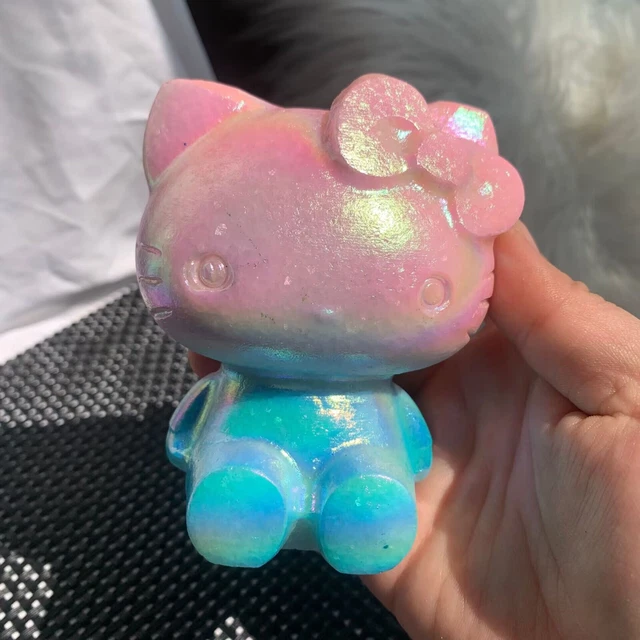 625g Titanium Pink Blue Aura White Jade Hello Kitty Cat Carving Quartz Crystal