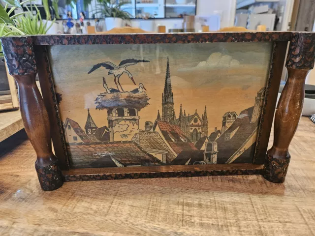 Plateau  En Bois Et Verre Ancien Signé Boli Décor Alsace