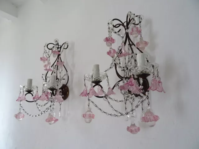 1920 French Pink Fuchsia Murano Balls & Ribbons Giltwood Crystal Prisms Sconces 3
