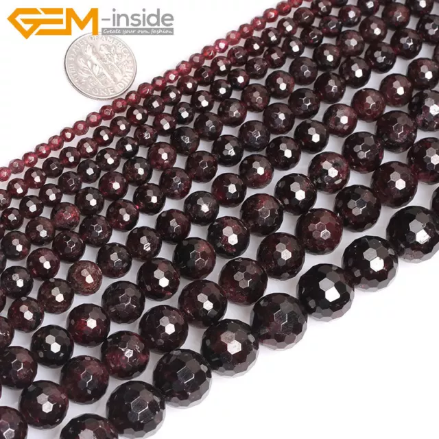 Natural Dark Red Garnet Gemstone Faceted Round Beads For Jewellery Making 15" UK