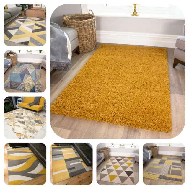 Modern Ochre Mustard Rug For Living Room Soft Warm Yellow & Grey Geometric Rugs